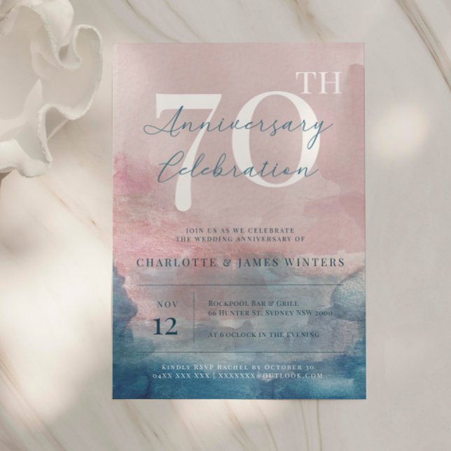 Invitation Rose et bleu aquarelle 70e anniversaire (Créateur téléchargé)