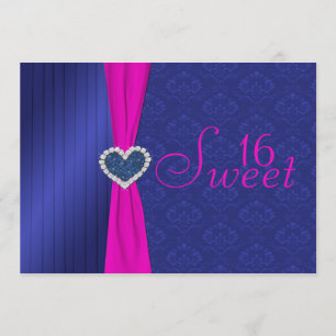 Invitation Rose et bleu avec le sweet sixteen de coeur de