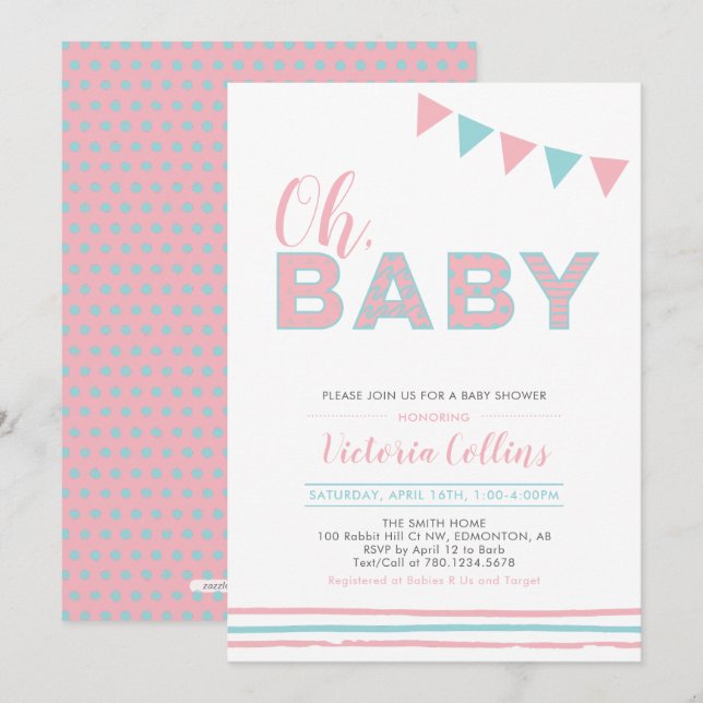 Invitation Rose et Bleu | Fille moderne Typography Shower béb (Devant / Derrière)
