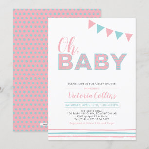 Invitation Rose et Bleu Fille moderne Typography Shower béb