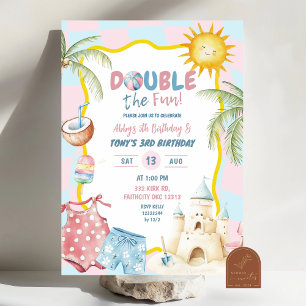 Invitation Rose et Bleu Groovy Pastel Anniversaire de Frères
