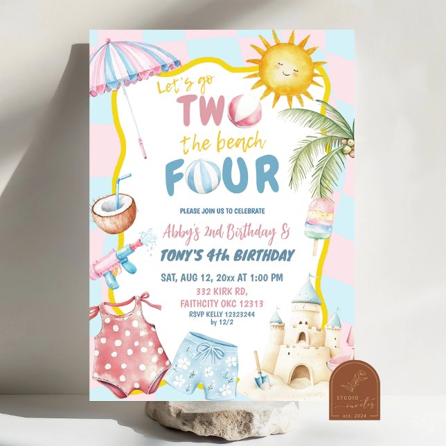 Invitation Rose et Bleu Groovy Pastel Anniversaire de Frères  (Créateur téléchargé)