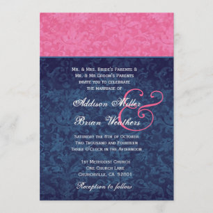 Invitation Rose et bleu marine mariage damassé métallique