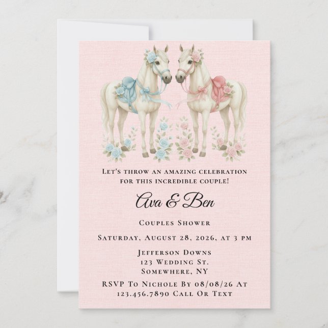 Invitation Rose et bleu Pastel Fleurs Cheval Couples Douche (Devant)