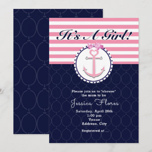 Invitation rose et bleue d'Ancre nautique de baby
