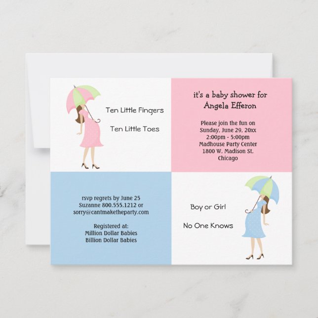 Invitation rose et bleue lunatique de baby shower (Devant)