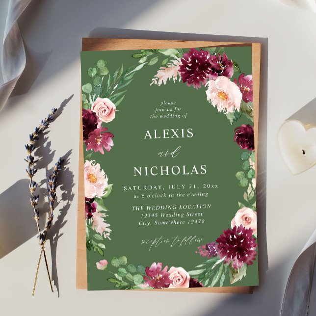 Invitation Rose et Bourgogne Floral 7 Mariage - Vert (Créateur téléchargé)