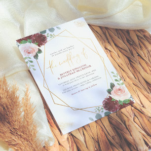 Invitation Rose et Bourgogne Floral Gold Mariage