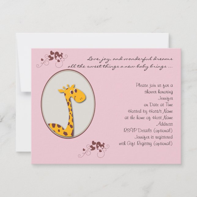 Invitation rose et Brown de baby shower de girafe (Devant)
