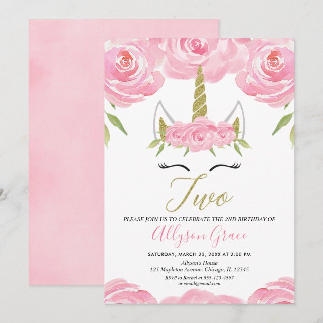 Invitation rose et fille d'anniversaire de licorne d'or 2ème (Devant / Derrière)
