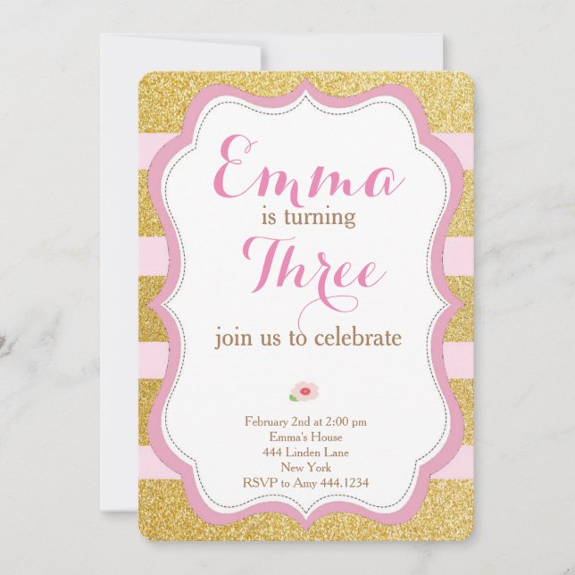 Invitation Rose et Gold First Birthday (Devant)