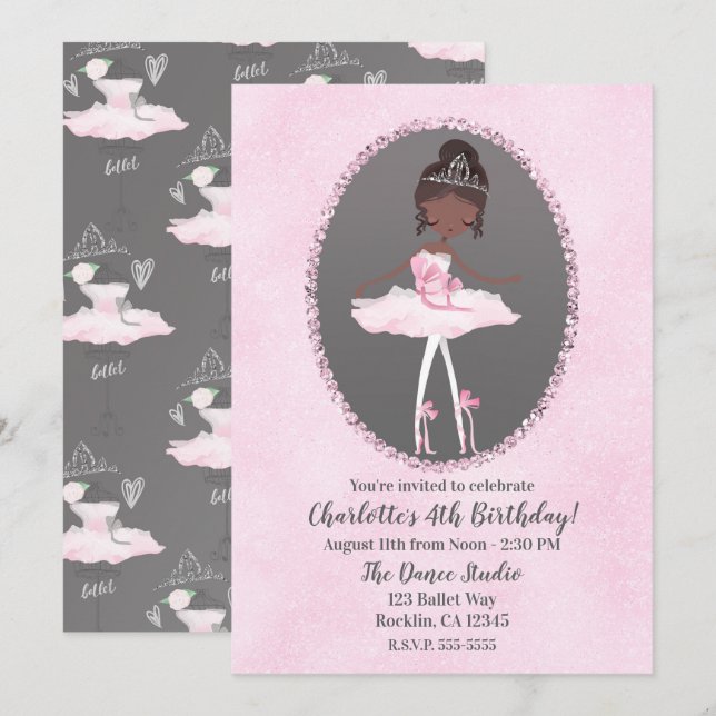 Invitation Rose et gris couture soirée d'anniversaire balleri (Devant / Derrière)