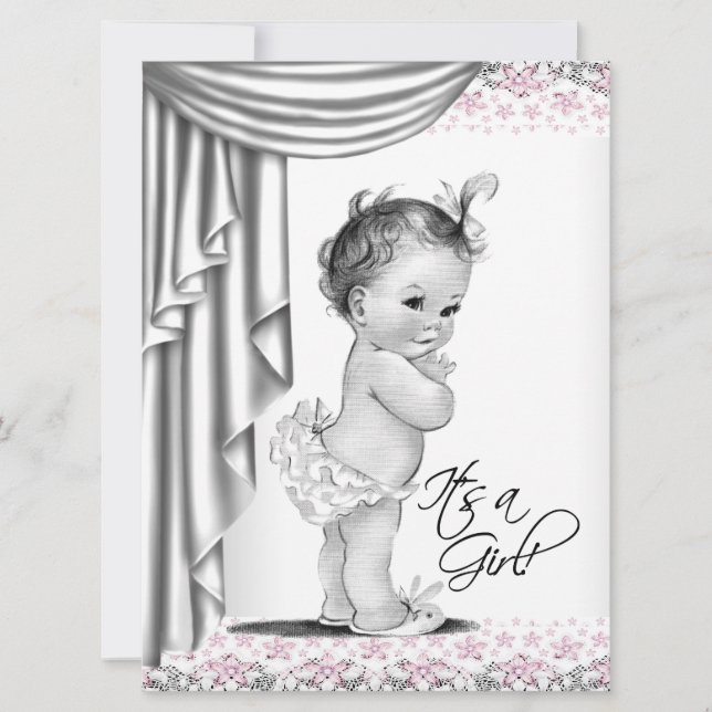 Invitation Rose et gris Vintage bébé fille douche (Devant)