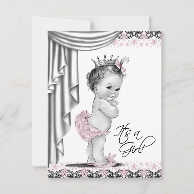 Invitation Rose et gris Vintage bébé fille douche (Devant)