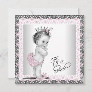 Invitation Rose et gris Vintage bébé fille douche