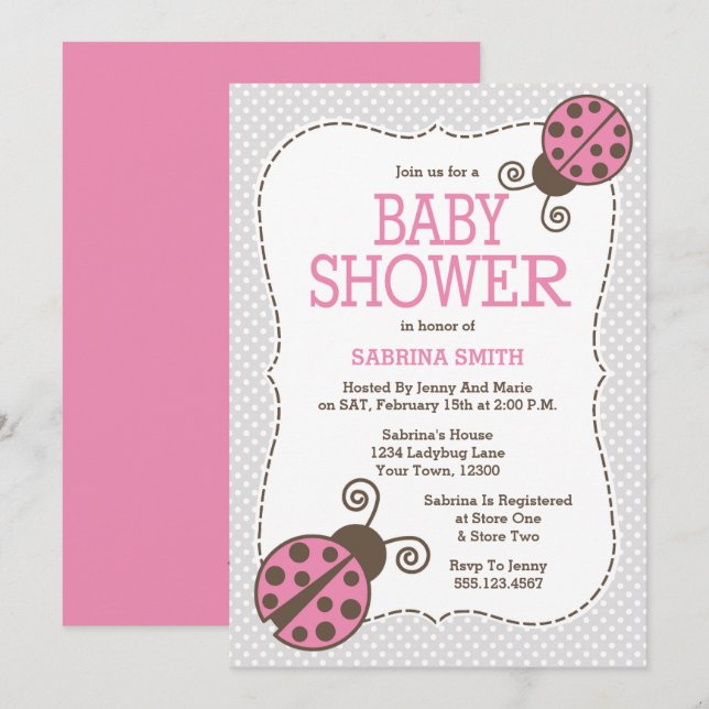 Invitation rose et grise de baby shower de (Devant / Derrière)