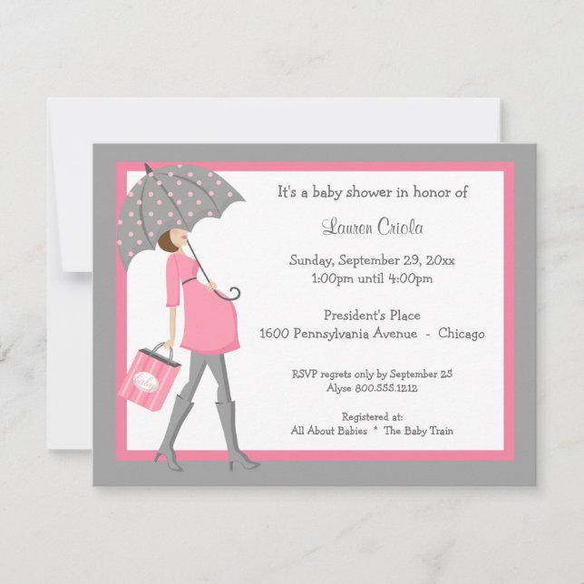 Invitation rose et grise de baby shower de client (Devant)