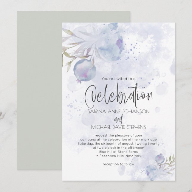 Invitation Rose et hanche Rose Rustique Aquarelle bleu (Devant / Derrière)