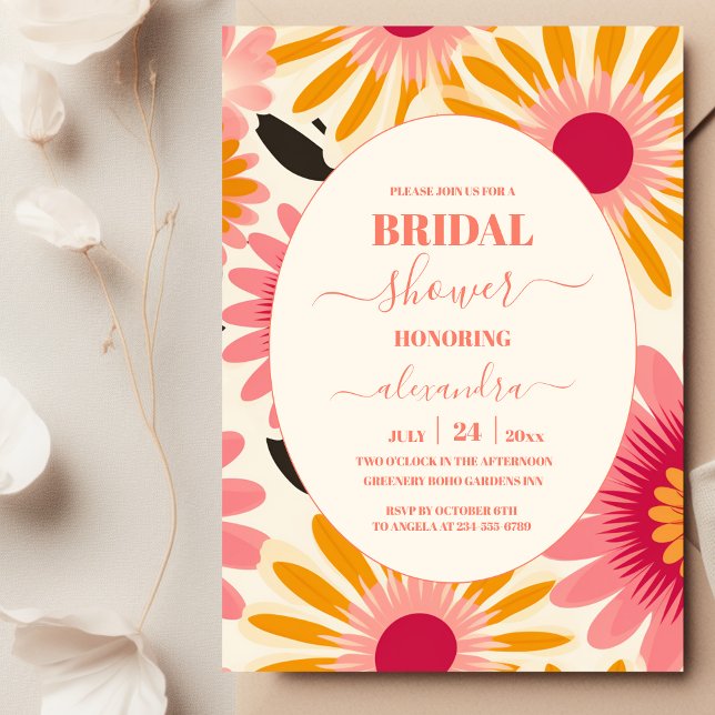 Invitation Rose et Jaune Moderne Floral Rétro Mariage (Créateur téléchargé)