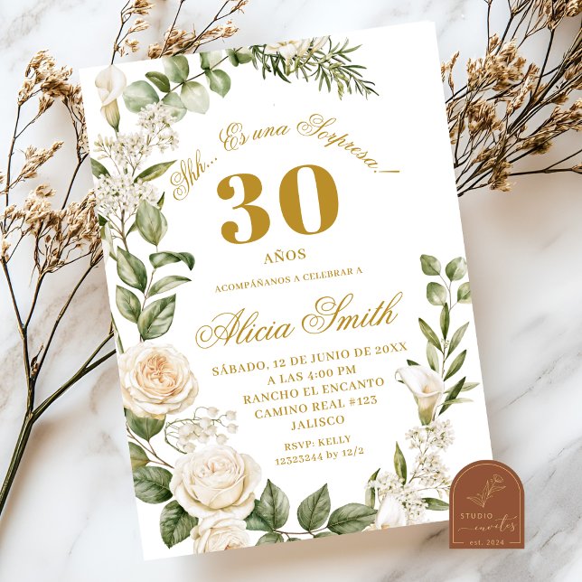 Invitation Rose et Lily Blanche Surprise Anniversaire (Créateur téléchargé)