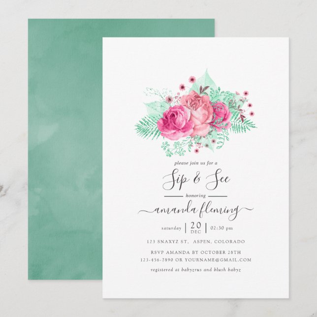 Invitation Rose et Menthe Floral Sip and See (Devant / Derrière)