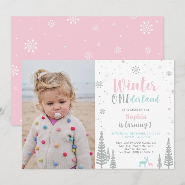 Invitation Rose et Menthe | Winter Onederland Fille 1er Anniv (Devant / Derrière)