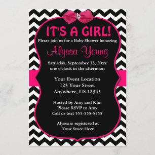 Invitation rose et noir de baby shower de Chevron