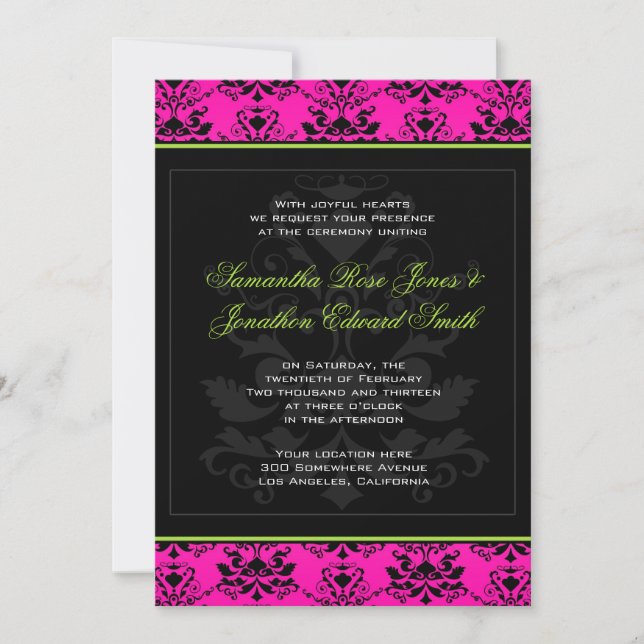 Invitation rose et noire verte de mariage damassé (Devant)