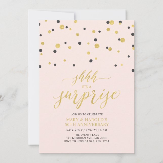 Invitation Rose et or | 50e anniversaire du Mariage surprise (Devant)