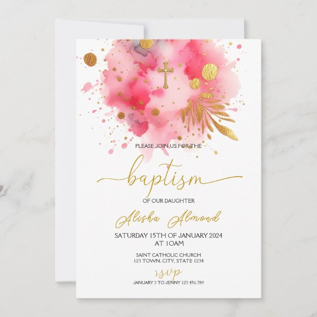 Invitation Rose et or Aquarelle Baptême (Devant)