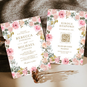 Invitation Rose et Or Code QR Fleurs Mariage