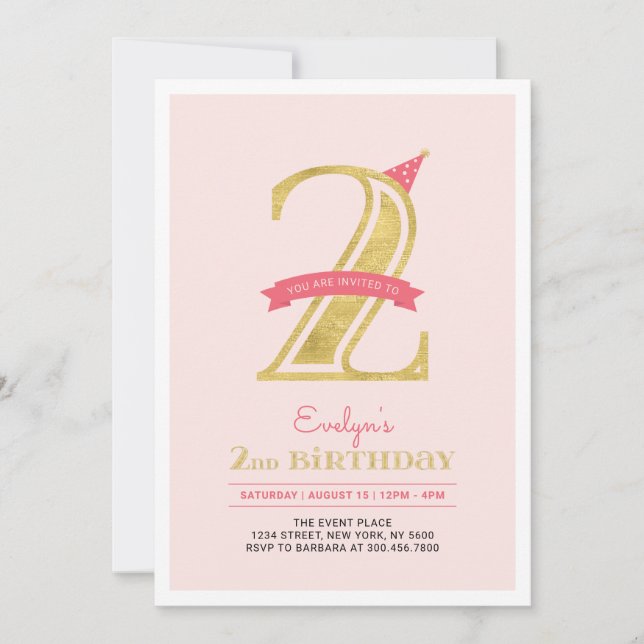 Invitation Rose et Or | Fête d'anniversaire 2 ans pour fille (Devant)