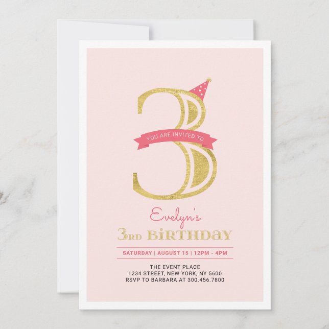 Invitation Rose et Or | Fête d'anniversaire 3 ans pour fille (Devant)