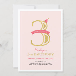 Invitation Rose et Or   Fête d'anniversaire 3 ans pour fille