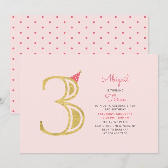 Invitation Rose et Or | Fête d'anniversaire moderne pour une  (Devant / Derrière)
