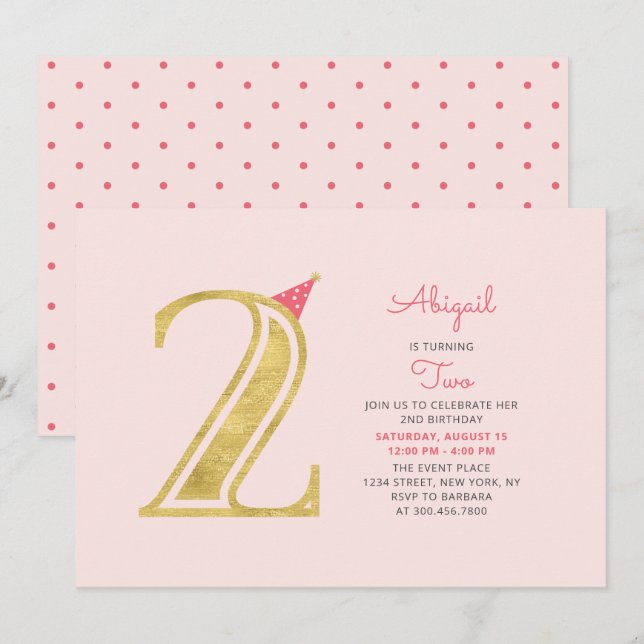Invitation Rose et Or | Fête de 2e anniversaire d'une jolie f (Devant / Derrière)