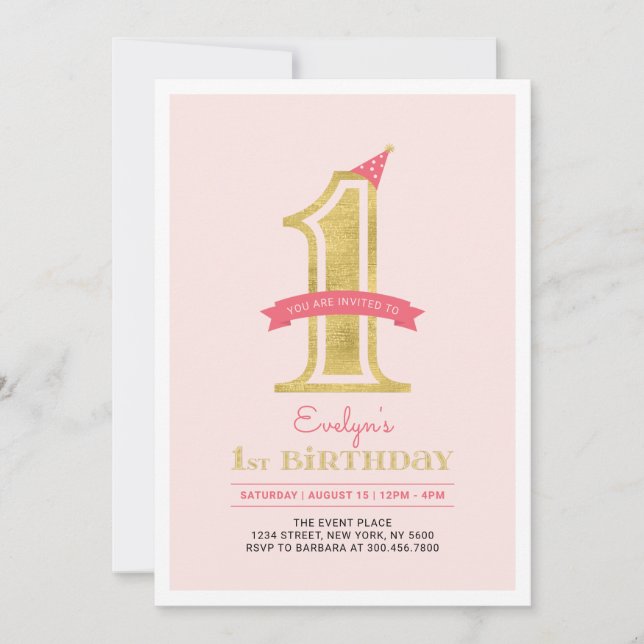 Invitation Rose et Or | Fête du 1er anniversaire d'une fille (Devant)