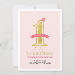 Invitation Rose et Or Fête du 1er anniversaire d'une fille