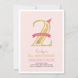 Invitation Rose et or Fille 2e fête d'anniversaire
