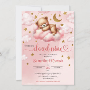 Invitation Rose et or fille ours nuage neuf Baby shower