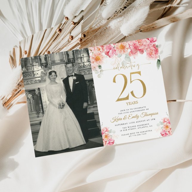 Invitation Rose et Or Floral 25e Anniversaire (Créateur téléchargé)
