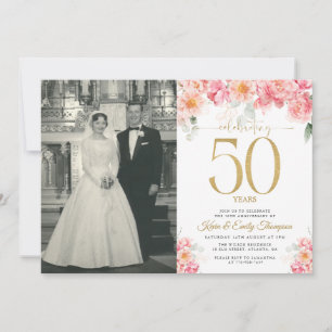Invitation Rose et Or Floral 50e Anniversaire
