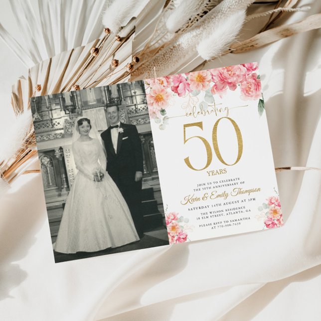 Invitation Rose et Or Floral 50e Anniversaire (Créateur téléchargé)