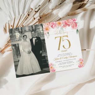 Invitation Rose et Or Floral 75e Anniversaire
