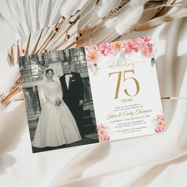 Invitation Rose et Or Floral 75e Anniversaire (Créateur téléchargé)