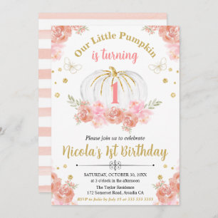 Invitation Rose et or Floral Citrouille fille 1er anniversair
