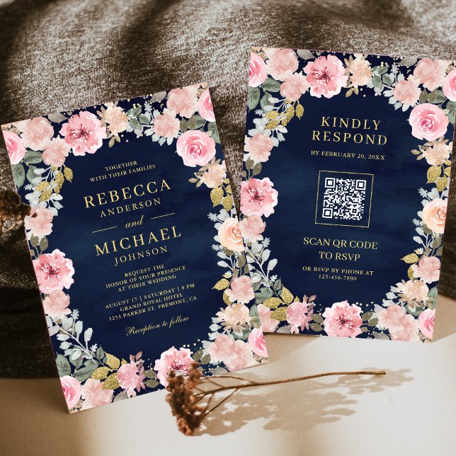 Invitation Rose et Or Floral Code QR Bleu Marine Mariage (Créateur téléchargé)