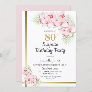Invitation Rose et or Floral Surprise 80e fête d'anniversaire