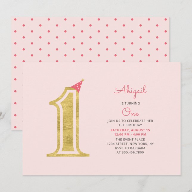 Invitation Rose et or | Jolie Fille Moderne 1ère fête d'anniv (Devant / Derrière)