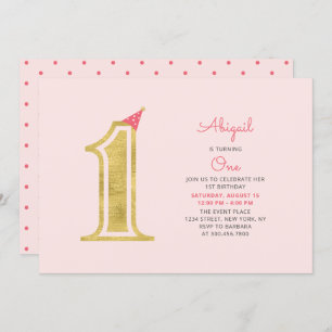 Invitation Rose et or   Jolie Fille Moderne 1ère fête d'anniv